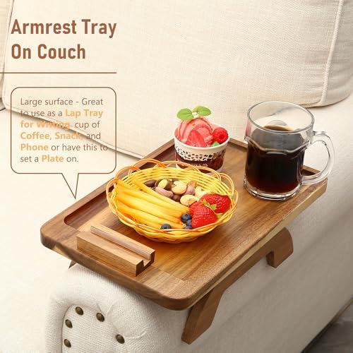 SINWANT Couch Arm Tray, Acacia Wood Sofa Arm Rest Table Clip on Wide Armrest,Folding Anti Slip Couch Armrest Table with 360° Rotating Phone Holder for Snacks,Drinks,Remotes - Image 2