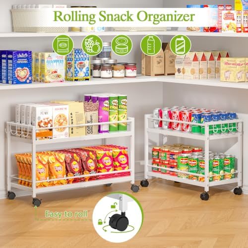 1 Pack 2-Tier Expandable Pantry Floor Organizer Cart, Rolling Pantry Storage Cart with Wheel, Adjustable Can Organizer for Kitchen Pantry, Pantry Shelves and Storage Rack for Snacks, Vegetables, White - Image 6
