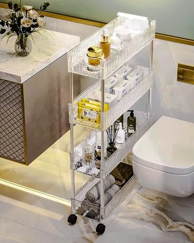 4-Tier Plastic Rolling Utility Cart with Wheels, Multifunctional Storage Organizer Cart for Home, Office, Kitchen & Bathroom, Narrow & Clear, 6.7”W * 12.8”L * 33”H - Image 7