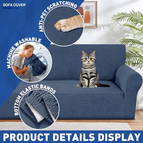 YEMYHOM Couch Cover Latest Jacquard Design High Stretch Sofa Covers for 2 Cushion Couch, Pet Dog Cat Proof Loveseat Slipcover Non Slip Elastic Furniture Protector (Medium, Begonia Leaf Navy) - Image 4