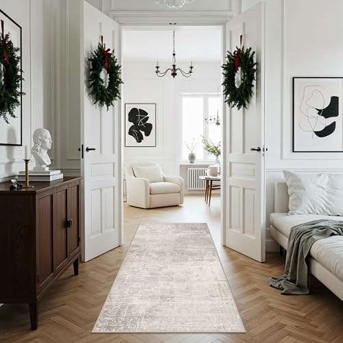 Washable 3x5 Kitchen Area Rug: Non-Slip Abstract Water-Resistant Entryway Doormat Soft Sink Fridge Bedroom Carpet Low Pile Stain-Resistant Bathroom Laundry Neutral Faded Floor Mat(3X5,Beige/Cream) - Image 6