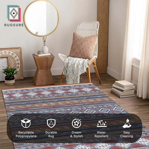 RUGSURE Washable Area Rugs 6' x 9' - 1/6 Thick - Moroccan-Inspired -Stain & Water Resistant Non-Slip - Resistant Rug for Living Room, Bedroom, Nursery, Pet & Child Friendly (Blue and Red) - Image 4