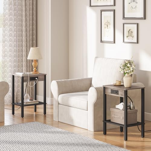 HOOBRO Side Table with Charging Station, End Table with USB Ports and Outlet, Nightstand with 2-Tier Storage Shelf, Faux Rattan Decoration, for Small Space, Greige and Black BG91UBZ01 - Image 4
