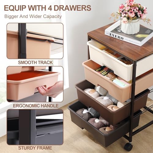 SYKIARIOL Utility Cart with 4 Drawers, Brown - Image 5