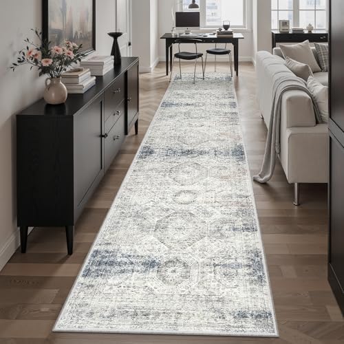 Soalmost Runner Rug 2x10 Washable Hallway Kitchen Runners Blue/Ivory - Image 4