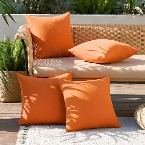 MIULEE Pack of 4 Decorative Outdoor Throw Pillow Covers Linen Waterproof Pillow Covers Summer Farmhouse Cushion Cases for Patio Garden Tent Balcony Couch Sofa 18x18 Inch Bright Orange - Image 2