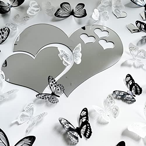 3D Crystal Butterfly and Acrylic Mirror Hearts Wall Stickers with Adhesive Art Decal Satin Paper Baby Kids Bedroom Home DIY Decor Removable Stickers (36 Butterfly and Silver Heart) - Image 2