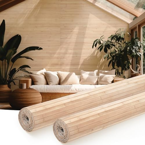 Juexica 2 Pcs Natural Bamboo Wall Panel for Interior Wall 48''x96'' Bamboo Covering Renewable Pole Wainscoting Room Divider Wrap Decor for Bedroom Living Room Kitchen Island Office (Light Carbonized) by Juexica