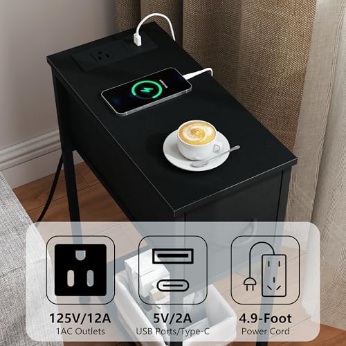 Vagusicc End Table Set of 2 with Charging Station, Small Side Table with Fabric Drawer and Bottom Storage Shelf, Narrow Nightstand Beside Table for Small Spaces, Living Room, Bedroom, Black - Image 5
