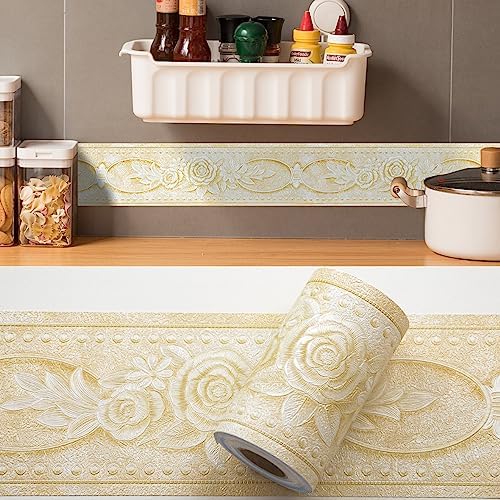 AbaBoorty Beige Floral Wallpaper Border Decor 196"X4.1" Peel and Stick Wall Border Waterproof Tiles Sticker Wallpaper Self Adhesive Removable Wall Stickers for Bedroom Living Room Decor - Image 6