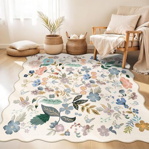 Washable 4x4 Square Area Rug: Floral Scalloped Soft Rugs for Living Room Bedroom Non Slip Bathroom Nursery Floor Mat Water Resistant Low Pile Carpet for Kitchen Entryway (4x4,Cream) by HYHAOYUNLAI
