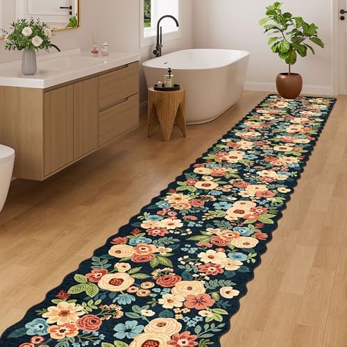 DUKINO 2x14 Hallway Runner Rug, Floral Washable Kitchen Rug, Navy Blue - Image 3