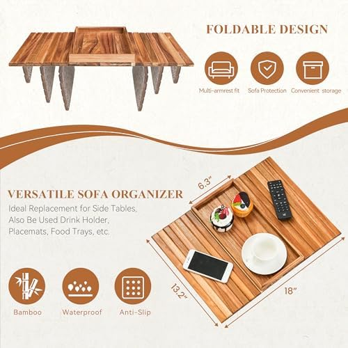 GEHE Acacia Wood Sofa Arm Tray, Foldable Couch Arm Tray Side Table, Anti-Falling Armrest Tables Cup Holder for Snacks, Drinks, Beers, Phone, Control, Flexible and Portable, Anti-Slip - Image 3