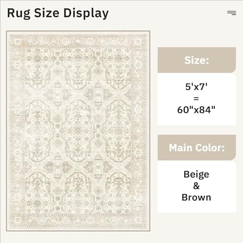 Soalmost 5x7 Area Rug Low Pile Washable Trendy Faded Style Rug, Beige/Brown - Image 5