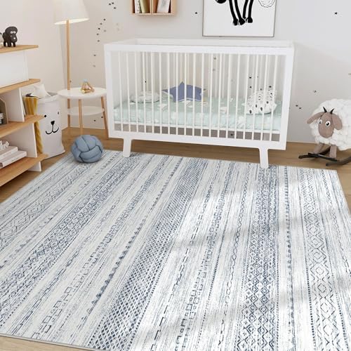 Nakagishi Boho 5x7 Area Rug Living Room Rugs Machine Washable White Blue - Image 4