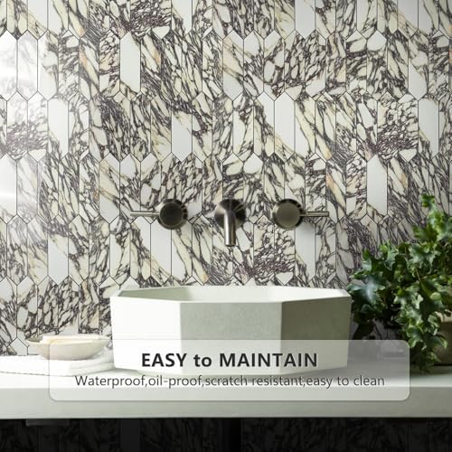 Vamos Tile Glossy Marble Purple Backsplash Tile Peel and Stick, 12.8 x 12.8 Inch 10 Sheets Long Hexagon PVC Self Adhesive Mosaic Wall Tiles Stick on Backsplash for Kitchen and Bathroom - Image 2
