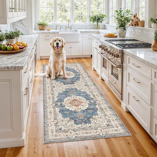Ksrau 3x6 Runner Rug Washable Vintage: Non Slip Hallway Runners Blue/Beige by Ksrau