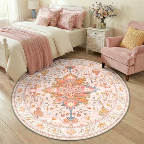 RELEANY Washable Area Rug, Round 5ft, Pink/Light Pink/Colorful - Image 2
