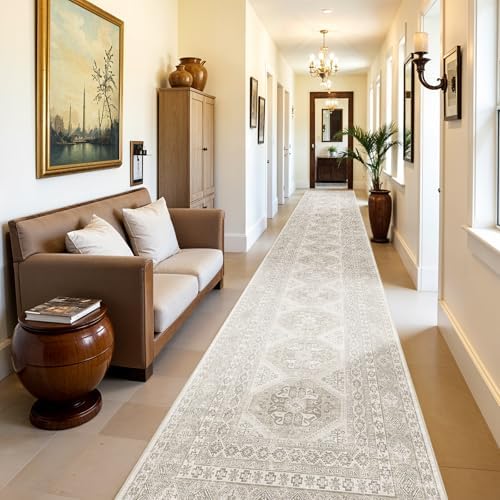 3x20 Runner Rug Washable Vintage: Non Slip Extra Long Hallway Runners Beige - Image 4