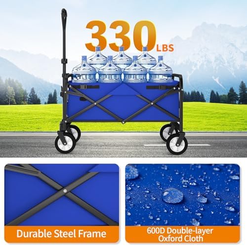Collapsible Folding Wagon Garden Cart Beach Wagon Grocery Wagon All-Terrain Wheels Garden Grocery Wagon for Shopping Park Picnic, Beach Trip, Outdoor Activities, Camping (Blue) - Image 6