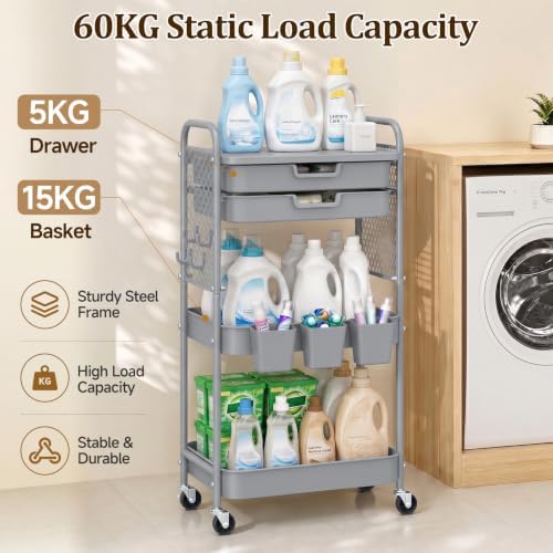 3 Tier Rolling Cart with 2 Drawers, Metal Utility Storage Carts with Wheels - Image 4
