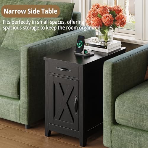 IRONCK Black End Tables Set of 2 Narrow Side Table with Charging Station - Image 4