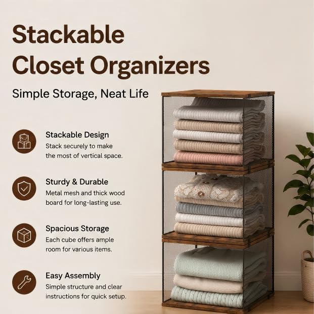 Honkazita 3-Pack Stackable Wire Closet Organizers with Wood Tops - Image 5