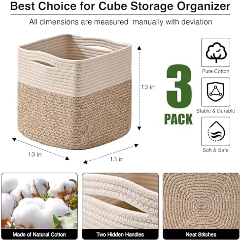 ICERZCZ 13 Inch Cube Closet Storage Bins, Woven Cotton Rope Organizer Baskets for Organizing & Shelves, Books, Towels, Clothes, Toys, 13x13x13 in, Off White & Brown (Pack of 3) - Image 2