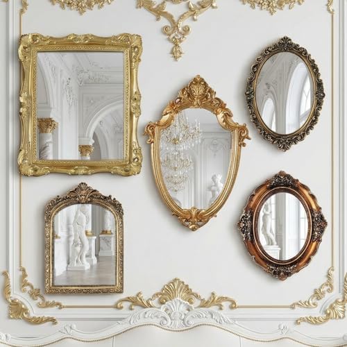 Wonderjune 5 Pcs Vintage Gold Mirror Set for Wall Decorative Resin Frame Ornate Antique Hanging and Tabletop Mirror for Home Dresser Gallery Decor Photography Props Gift (Ornate Style) - Image 5