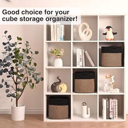 11 Inch Cube Storage Bins, 11x11 Cube Storage Bins for Cube Organizer, Square Cloth Storage Cubes, Woven Storage Baskets for Shelves, Toy Baskets Storage Kids, Black & Jute (Pack of 3) - Image 4