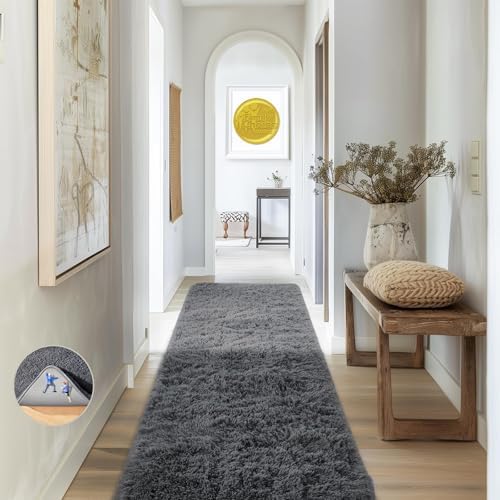 Ophanie Runner Rug for Hallway,2x7 Washable Non-Slip Fluffy Soft Bedside Rugs,Bedroom Living Room Shaggy Carpet for Kids Girls Boys Dorm Nursery Home Decor Aesthetic Grey with Over 99 pcs Pile fibers by Ophanie