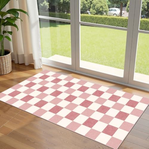 Front Door Mat Indoor Entrance, 2x4.3 Cute Pink White Checkered Rug by Othilic