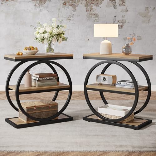 Tribesigns Side End Table with 3 Storage Shelves Set of 2, Industrial Sofa Table with Round Metal Frame for Living Room, Engineered Wood Nightstand for Bedroom, Oak by Unknown