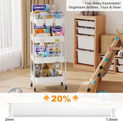 White 4 Tier Rolling Cart Metal with Wheels,Heavy Duty Utility Storage Cart - Image 4