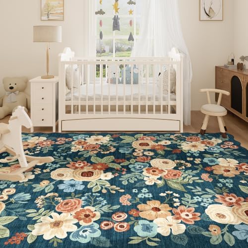DUKINO 8x10 Area Rug for Living Room, Floral Washable Rug, Prussian Blue - Image 5