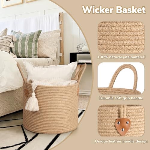 CHICVITA Jute Wicker Storage Basket with Leather Handles, 14" x 12"，Jute - Image 7