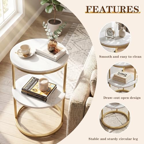 C Shaped end Table,2 Tier Wood Round Side Table for Couch,Small Sofa Table with Metal Frame for Bedroom,Living Room,Bedside,Gold(11.8" D x 11.8" W x 22.9" H) - Image 4