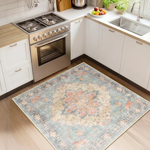 RELEANY Washable Area Rug, Square 4'x4', Blue/Orange/Red by RELEANY