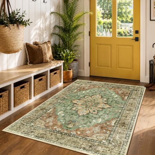 RELEANY Washable Area Rug, 4'x6', Brick/Brown/Green - Image 2