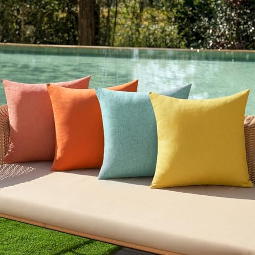 MIULEE Pack of 4 Decorative Outdoor Throw Pillow Covers Linen Waterproof Pillow Covers Summer Farmhouse Cushion Cases for Patio Garden Tent Balcony Couch Sofa 16x16 Inch Orange Teal by MIULEE