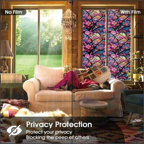 Pink Blue Cherry Flower Stained Glass Window Films Decorative Double-Side Privacy Film Self-Adhesive Static Clings for Living Room Bathroom Glass Windows Decor - Image 4