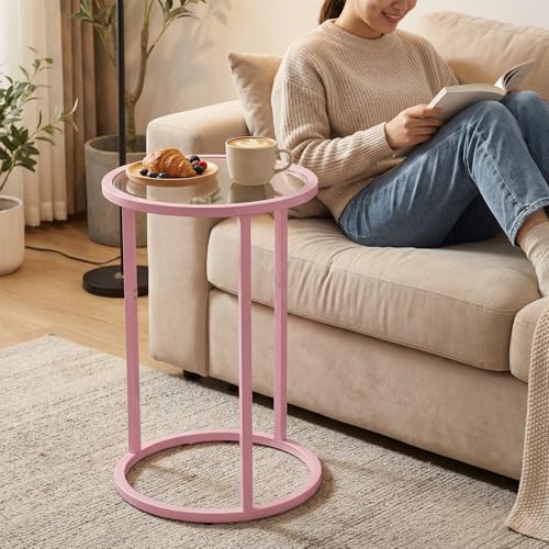 Easy Paws C Table Side End Table, Small Round Couch Sofa Tray Snack Table for Living Room, Bedroom,Accent Coffee Table,TV Tray Table for Small Space, Nightstand with Metal Frame(Pink) - Image 4