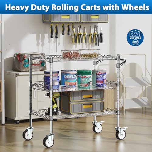 Leteuke 3 Tier Rolling Carts with Wheels, Heavy Duty Rolling Utility Cart - Image 2