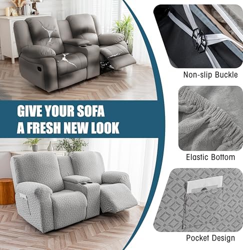 Genina Waterproof Recliner Loveseat Cover,2 Seat with Console,Light Gray - Image 4