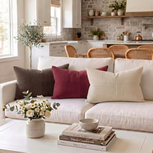 Fancy Homi 2 Packs Burgundy Long Lumbar Decorative Throw Pillow Covers 12x24 Inch for Couch Bed Sofa, Rustic Farmhouse Boho Home Decor, Soft Striped Corduroy Rectangle Accent Cushion Case 30x60 cm - Image 2