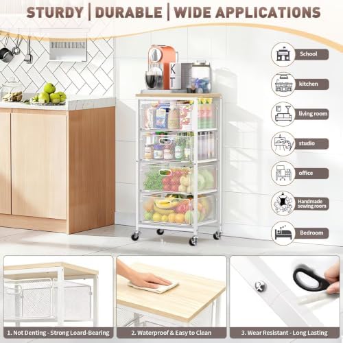 SUNALLY Kitchen Storage Cart with Drawers,Metal Snack Cart Organizer,White - Image 3