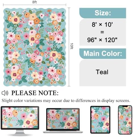 DUKINO 8x10 Area Rug for Living Room, Floral Washable Rug Non Slip, Teal - Image 2