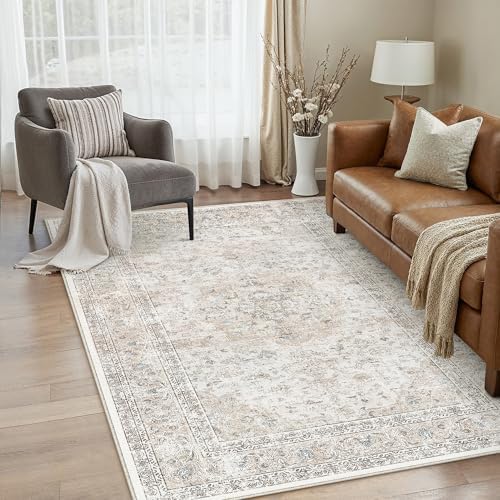 3x5 Washable Area Rug Beige Grey Non Slip Vintage Carpet - Image 3