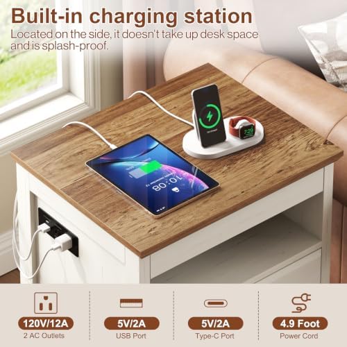 Yusong LED Night Stand with Gun Drawer, Bedside Table with Charging Station, Sofa Couch End Side Table with 2 Drawers ＆Open Shelf for Bedroom, White - Image 5