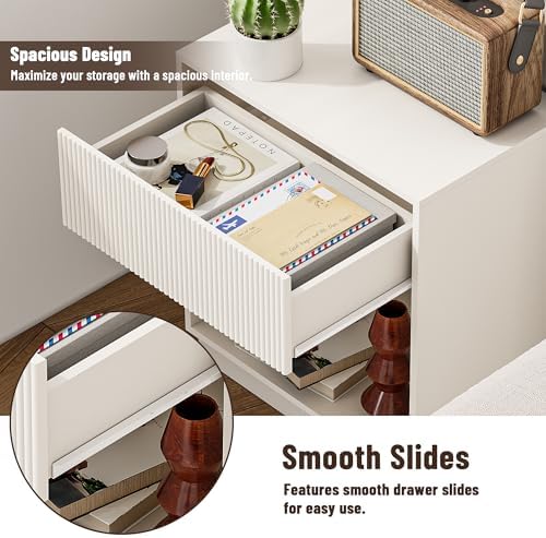 Fluted Nightstands Set of 2, Modern Bedside Table with Storage Drawer and Open Wood Shelf, Wood End Table Mid Century Night Stands for Bedroom Living Room Sofa Couch Office White - Image 5